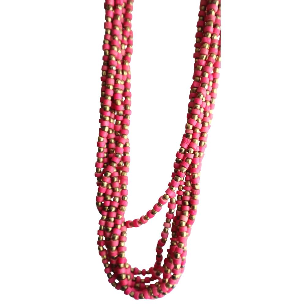 Vintage 90s Y2K Twisted Multi Strand Layered Beaded Necklace Pink Gold Beads